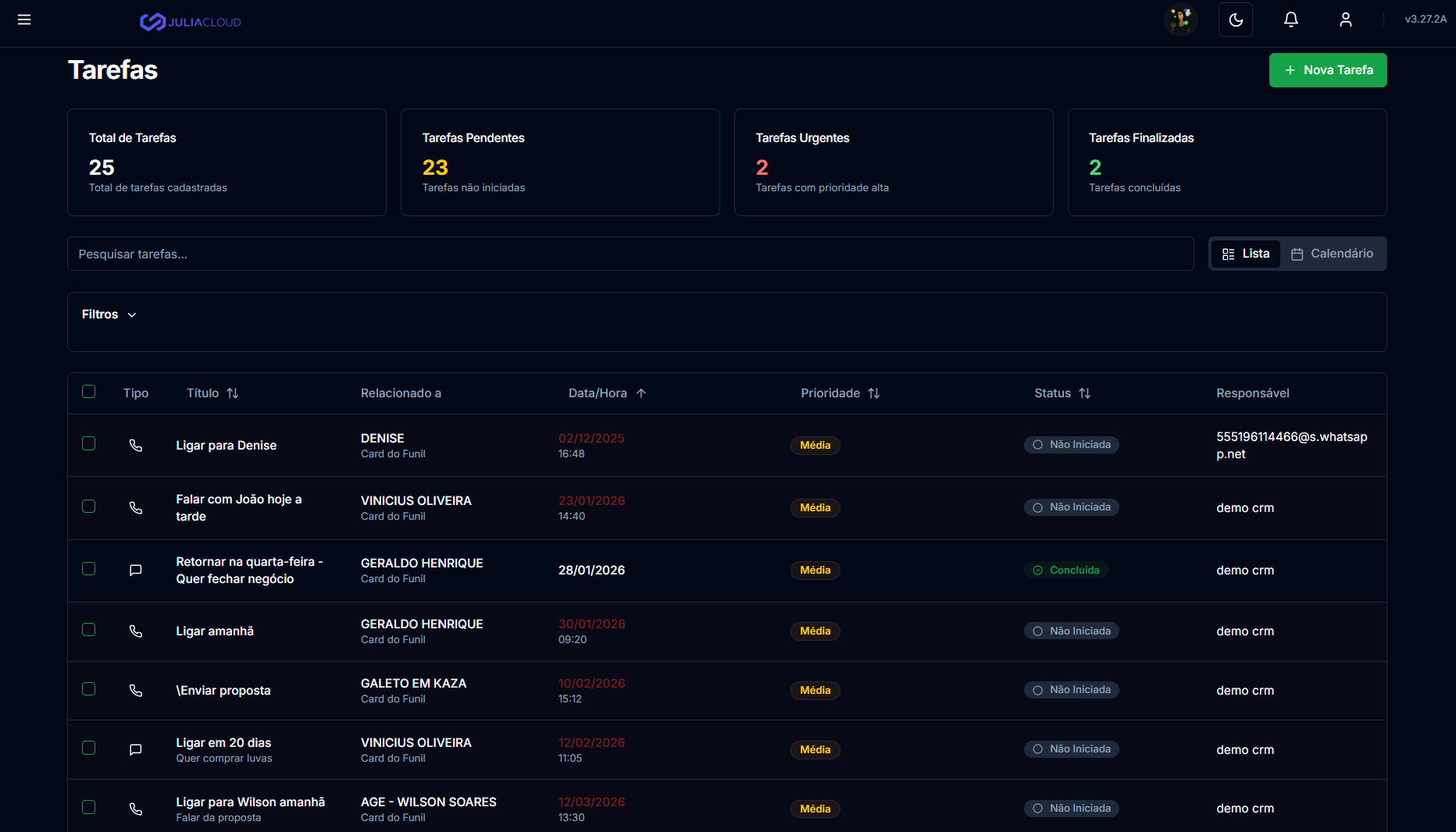 Interface de Tarefas Julia Cloud